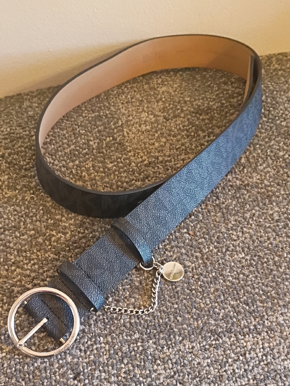 Michael Kors Textured Gray And black Belt with Silver Circle Buckle Size L